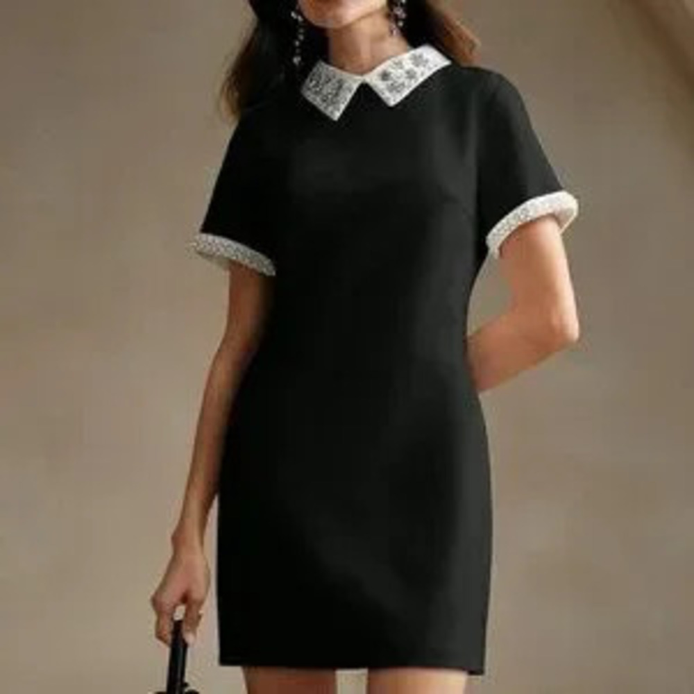 ZARA Black Elegant Women's Contrast Color Block Studded Decorated Dress